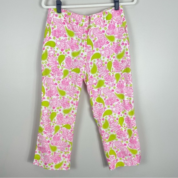 Lilly Pulitzer Pants Womens 6 Pink Green Tiger Caly Capri Tigers Play Cards - Picture 1 of 8